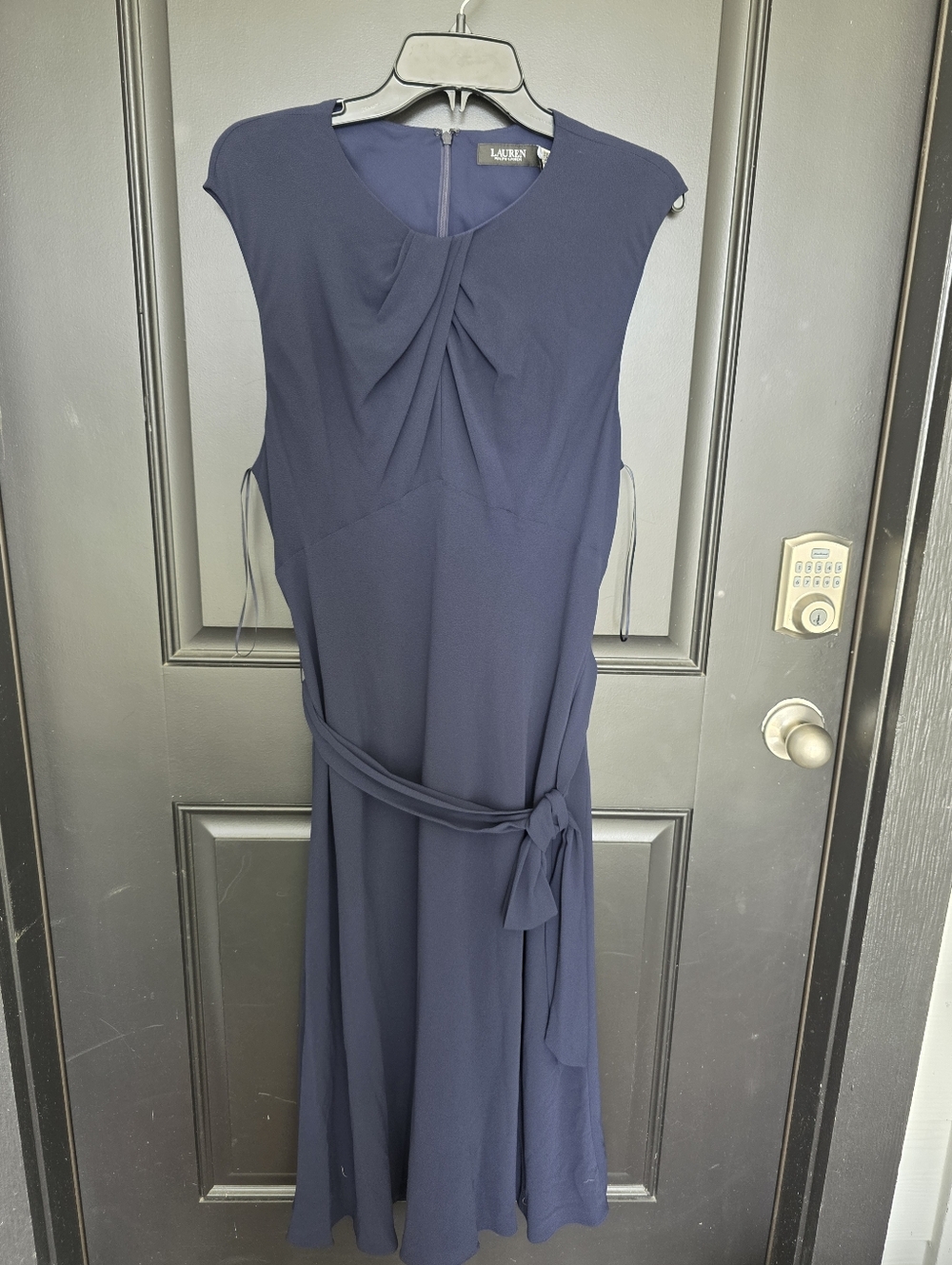 Lauren Ralph Lauren Navy Midi Dress Size 12 Women Belted Sleeveless NWT $145 - Picture 2 of 9